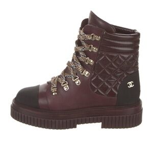 CHANEL Burgundy Quilted Combat Boots